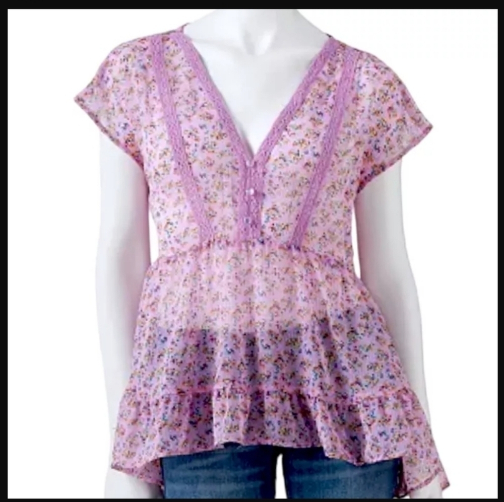 Y2K Eyelash Couture Semi Sheer Lilac Hi-low Floral Print Top